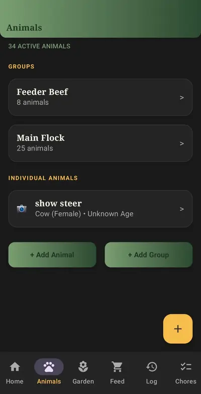 Homesteader Animals screen showing animal groups, individual animals, and navigation
