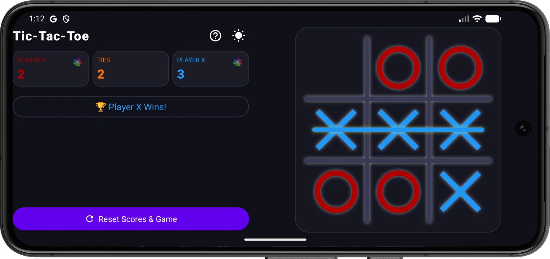 Tic-Tac-Toe gameplay showing the score, player turn, and game board
