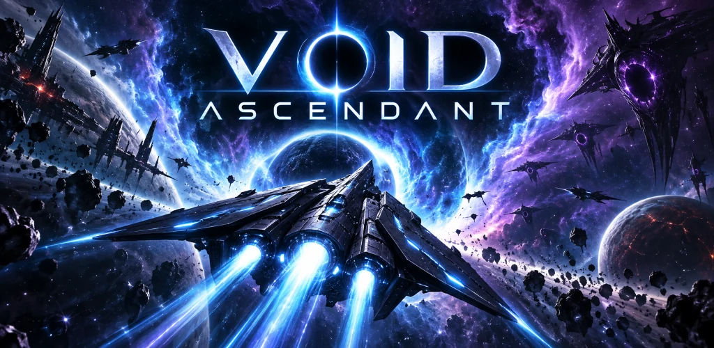 Void Ascendant feature artwork with a spacecraft, planets, and a blue and purple cosmic sky