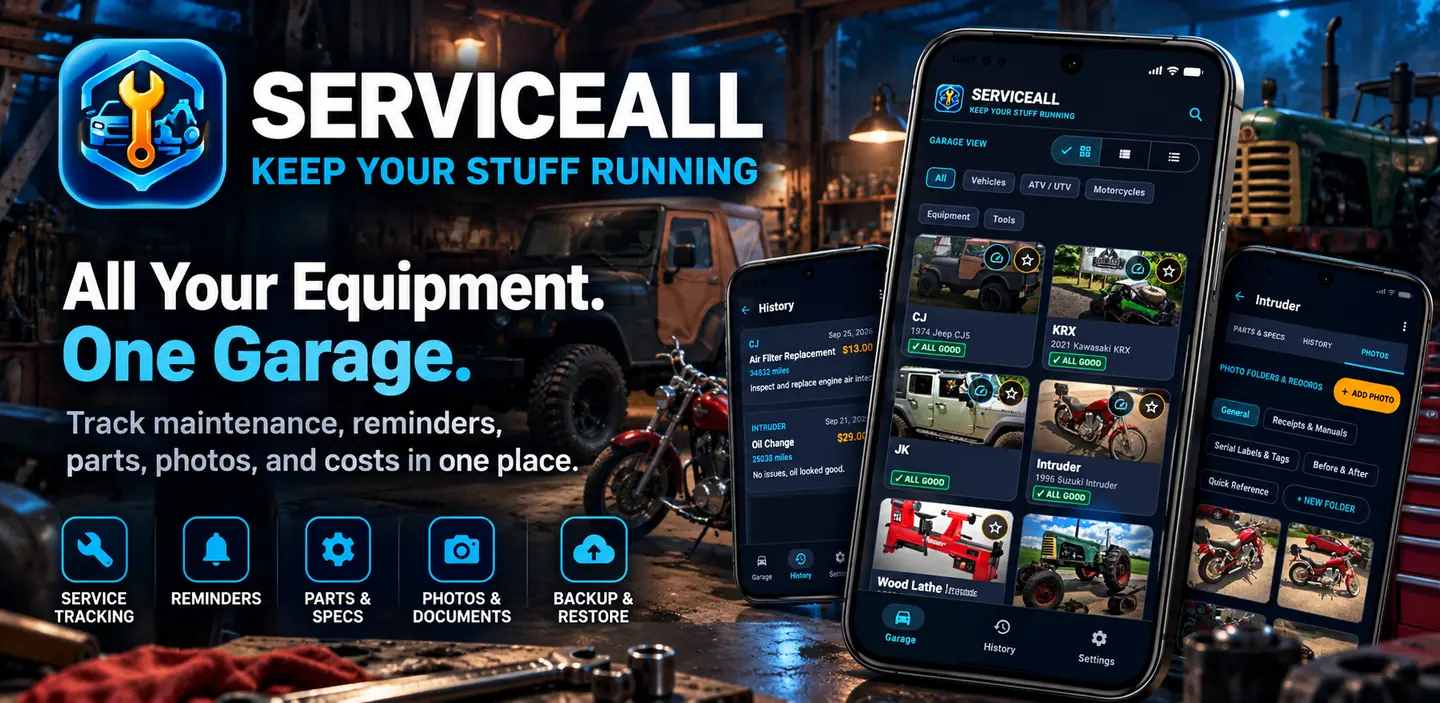 ServiceAll: All Your Equipment, One Garage. Maintenance, history and photo features displayed using the app screens