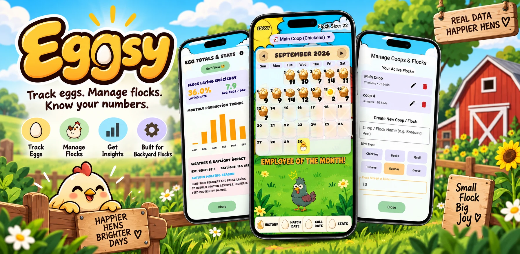 Eggsy promotional banner with flock tracking screens