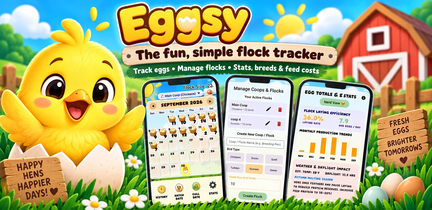 Eggsy promotional banner showing egg tracking, flock management and stats